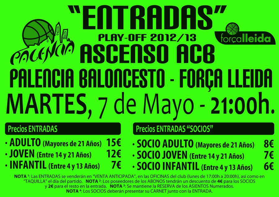 Precios 5º encuentro de Playoffs entre Palencia Baloncesto y Força Lleida